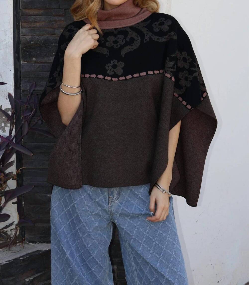 NEW THML floral knit poncho in elegant black & mauve